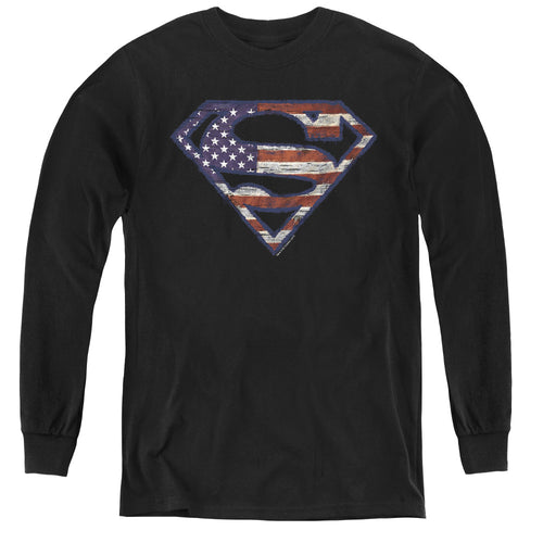 Superman Wartorn Flag Black Youth Long Sleeve T-Shirt