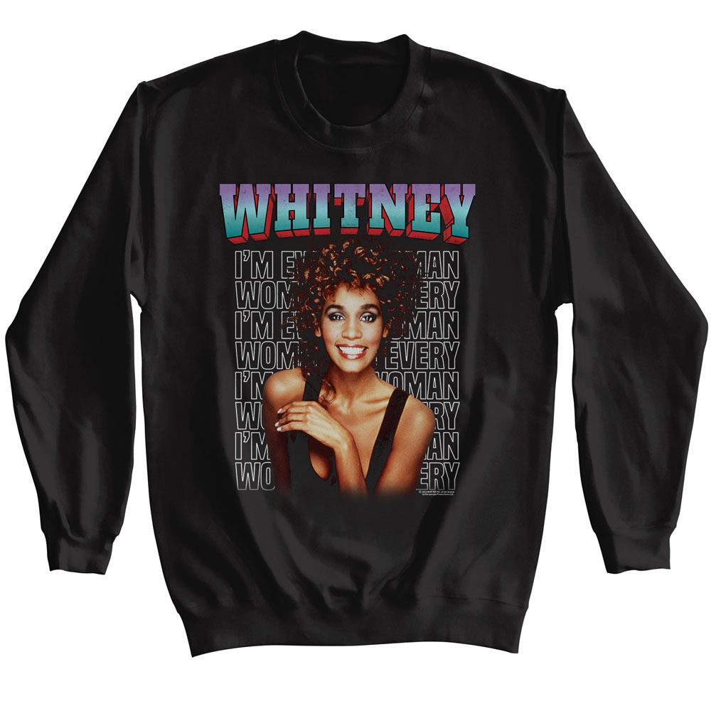 Black Whitney Houston sweatshirt featuring Whitney Houston Every Woman Stacked design