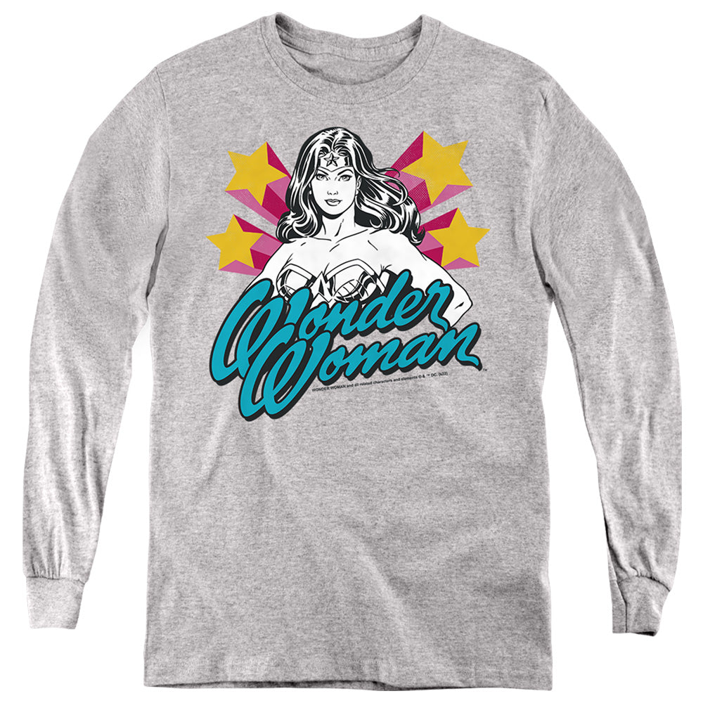Wonder Woman Stance Script on Athletic Heather Youth Long Sleeve T-Shirt