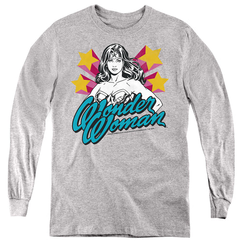 Wonder Woman Stance Script on Athletic Heather Youth Long Sleeve T-Shirt