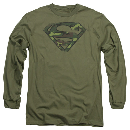 Superman Distressed Camo Shield Military Green Long Sleeve T-Shirt