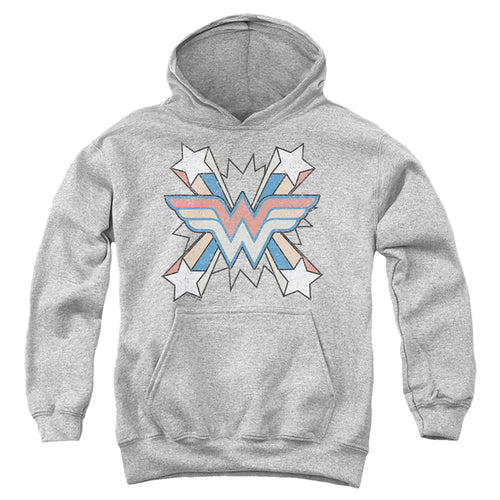 Wonder Woman Burst Emblem on Athletic Heather Youth Hoodie