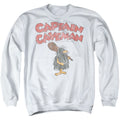 Captain Caveman Distressed Logo on White Crewneck Sweatshirt