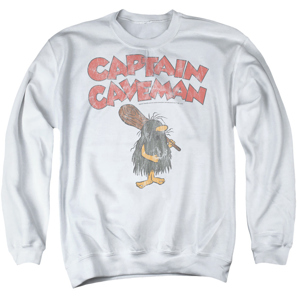 Captain Caveman Distressed Logo on White Crewneck Sweatshirt