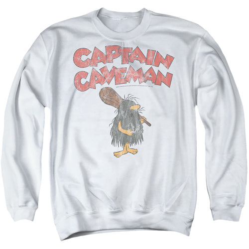 Captain Caveman Distressed Logo on White Crewneck Sweatshirt