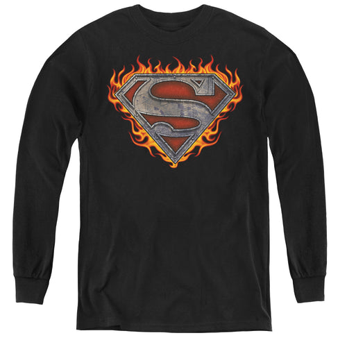 Superman Iron Fire Shield Youth Long Sleeve T-Shirt