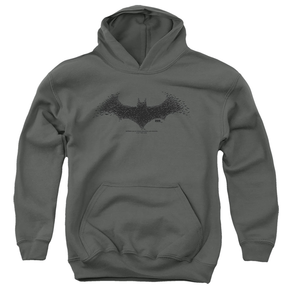 Batman Bat Swarm Logo on Charcoal Youth Hoodie