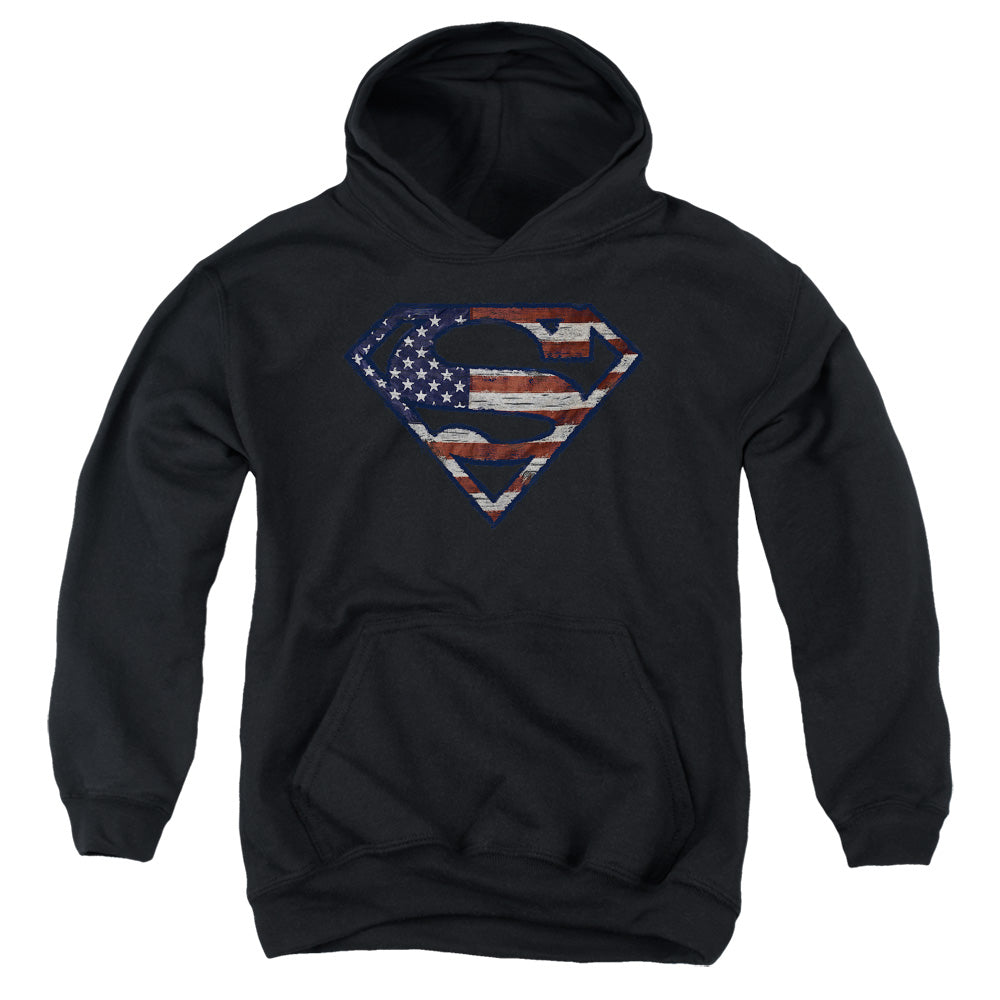 Superman Wartorn Flag Black Youth Hoodie