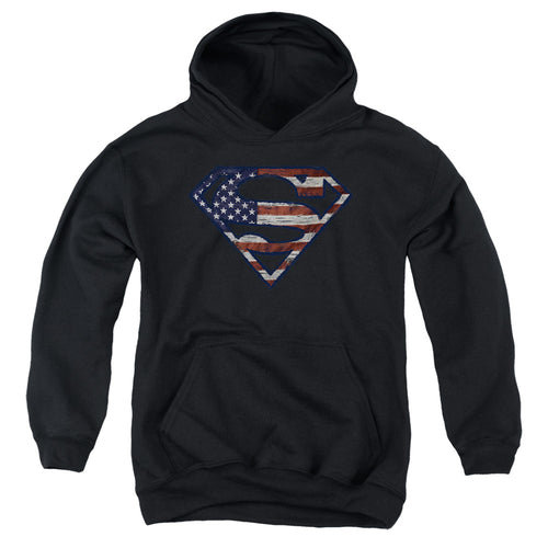 Superman Wartorn Flag Black Youth Hoodie