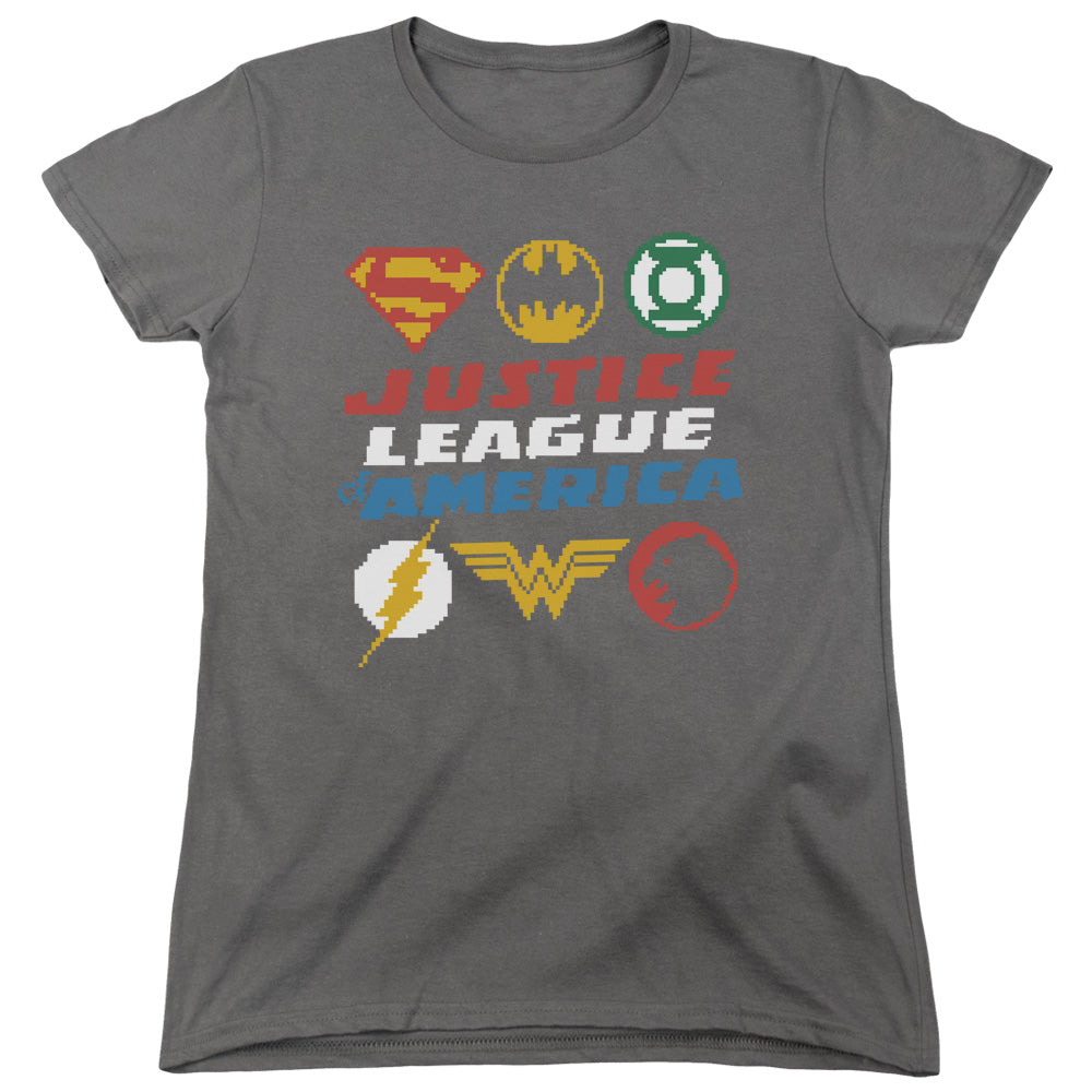 Justice League Pixel Logos Womens T-Shirt
