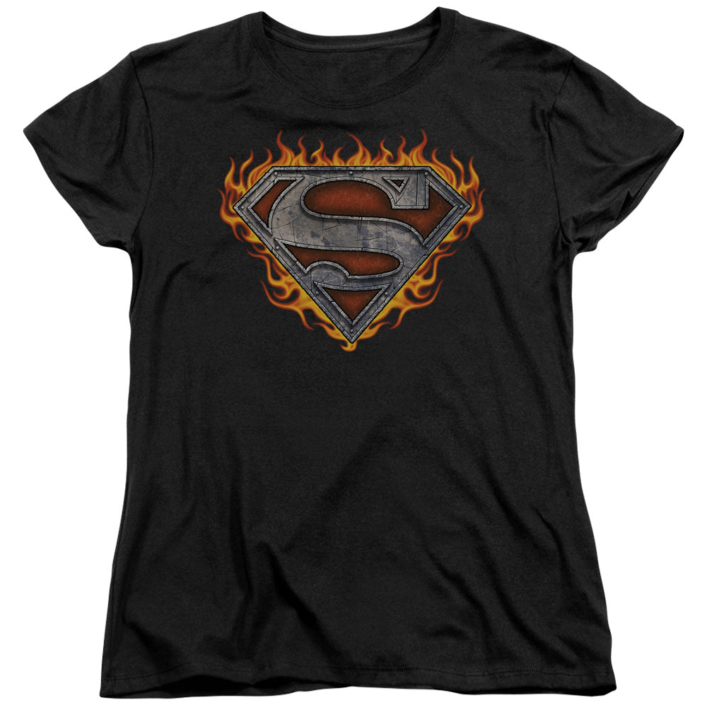 Superman Iron Fire Shield Womens T-Shirt