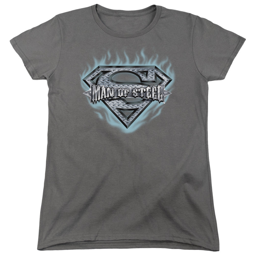 Superman Man of Steel Shield Charcoal Womens T-Shirt