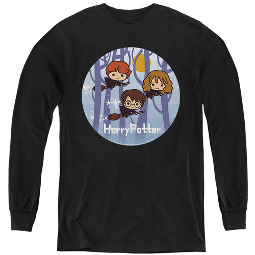 Harry Potter Chibi Trio Flying On Broomsticks Youth Long Sleeve T-Shirt