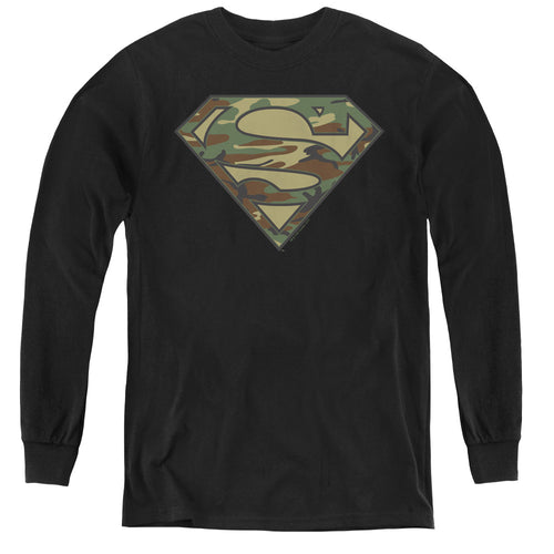 Superman Camo Logo Black Youth Long Sleeve T-Shirt