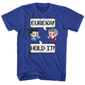 Royal blue Ace Attorney t-shirt featuring Phoenix Wright and Edgeworth in 8-bit courtroom pixel art