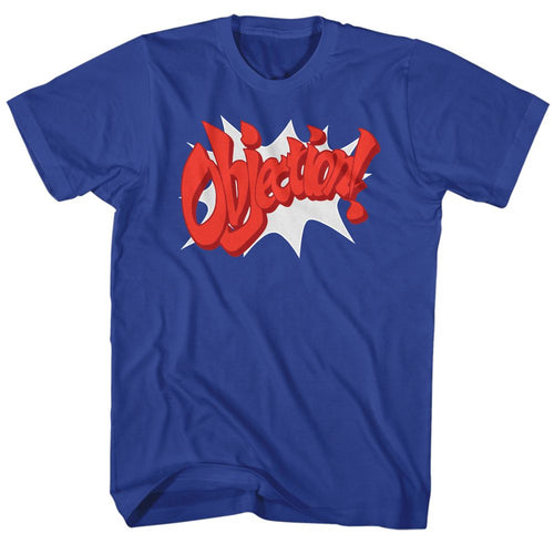 Royal blue Ace Attorney t-shirt featuring Phoenix Wright shouting Objection in courtroom red