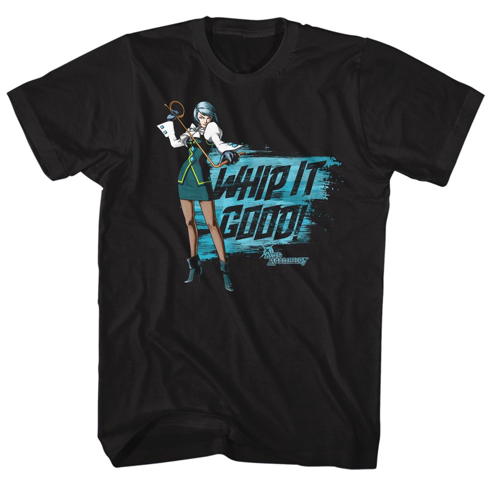 Black Ace Attorney t-shirt featuring Franziska von Karma whip-crack typography design