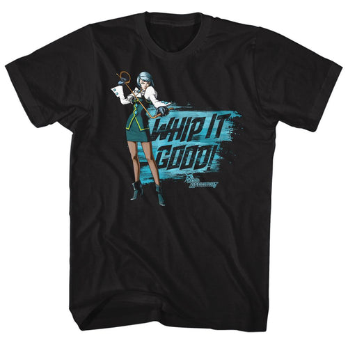 Black Ace Attorney t-shirt featuring Franziska von Karma whip-crack typography design