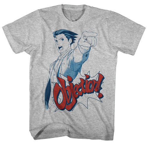 Gray heather Ace Attorney t-shirt featuring Objection speech bubble on heather gray