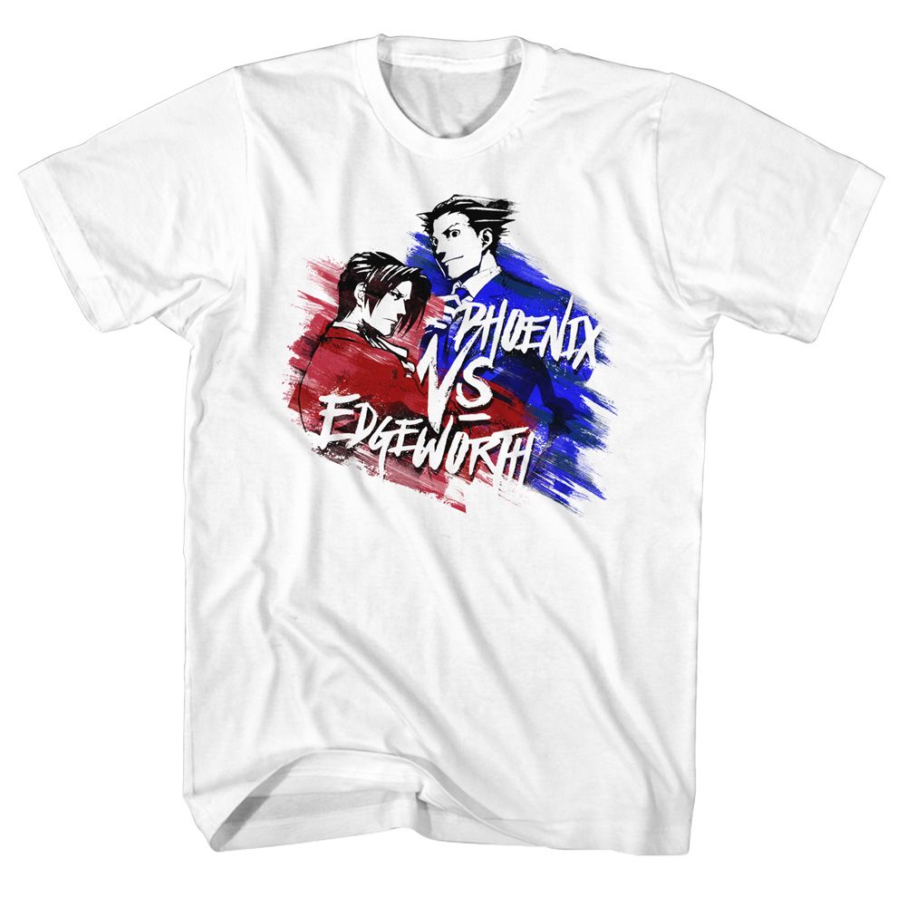 White Ace Attorney t-shirt featuring Phoenix versus Edgeworth courtroom showdown