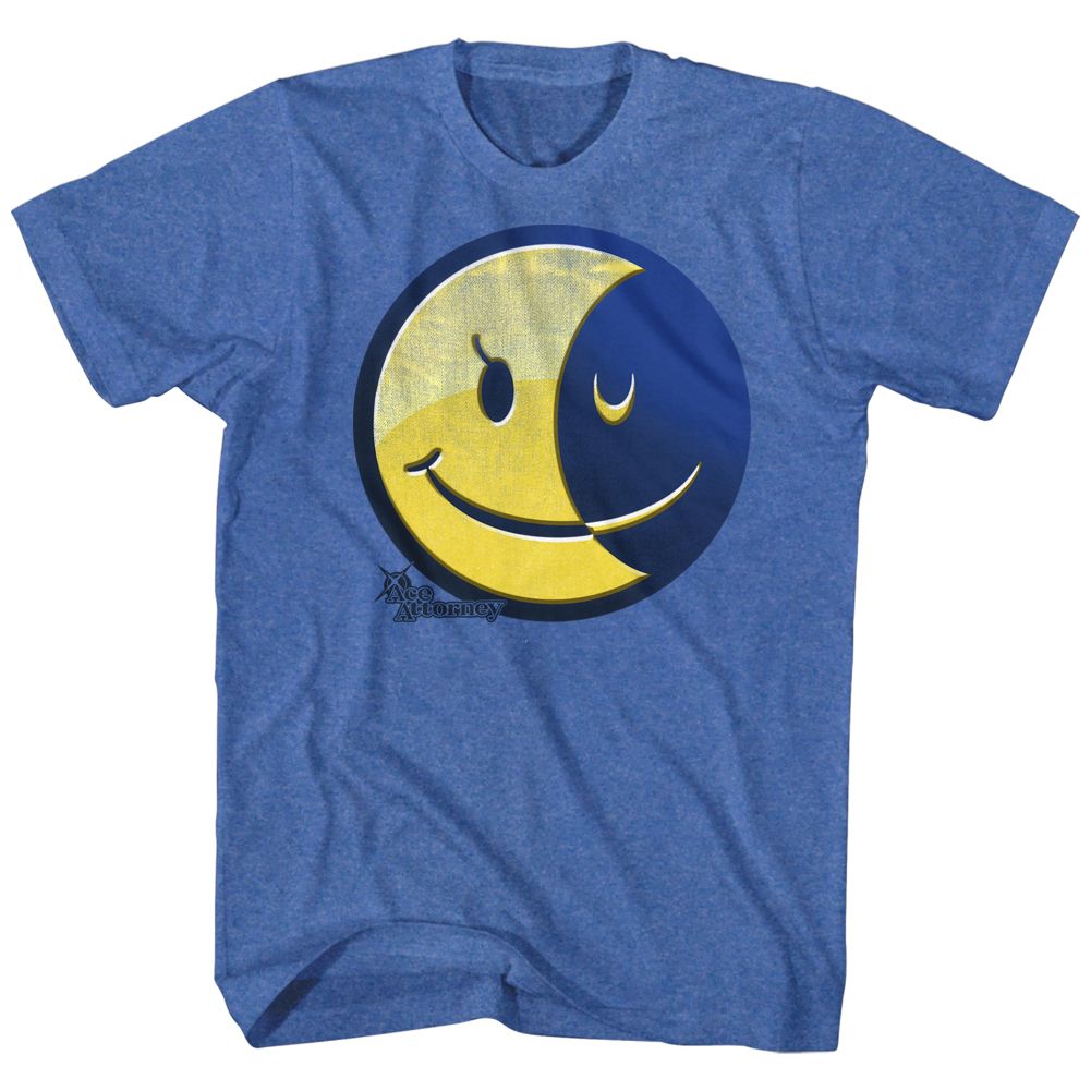 Royal blue heather Ace Attorney t-shirt featuring Athena Cykes Mood Matrix emotional analysis