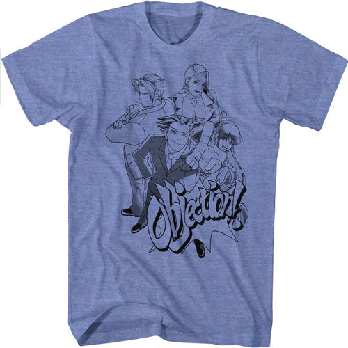 Light blue heather Ace Attorney t-shirt featuring Original Phoenix Wright cast group portrait