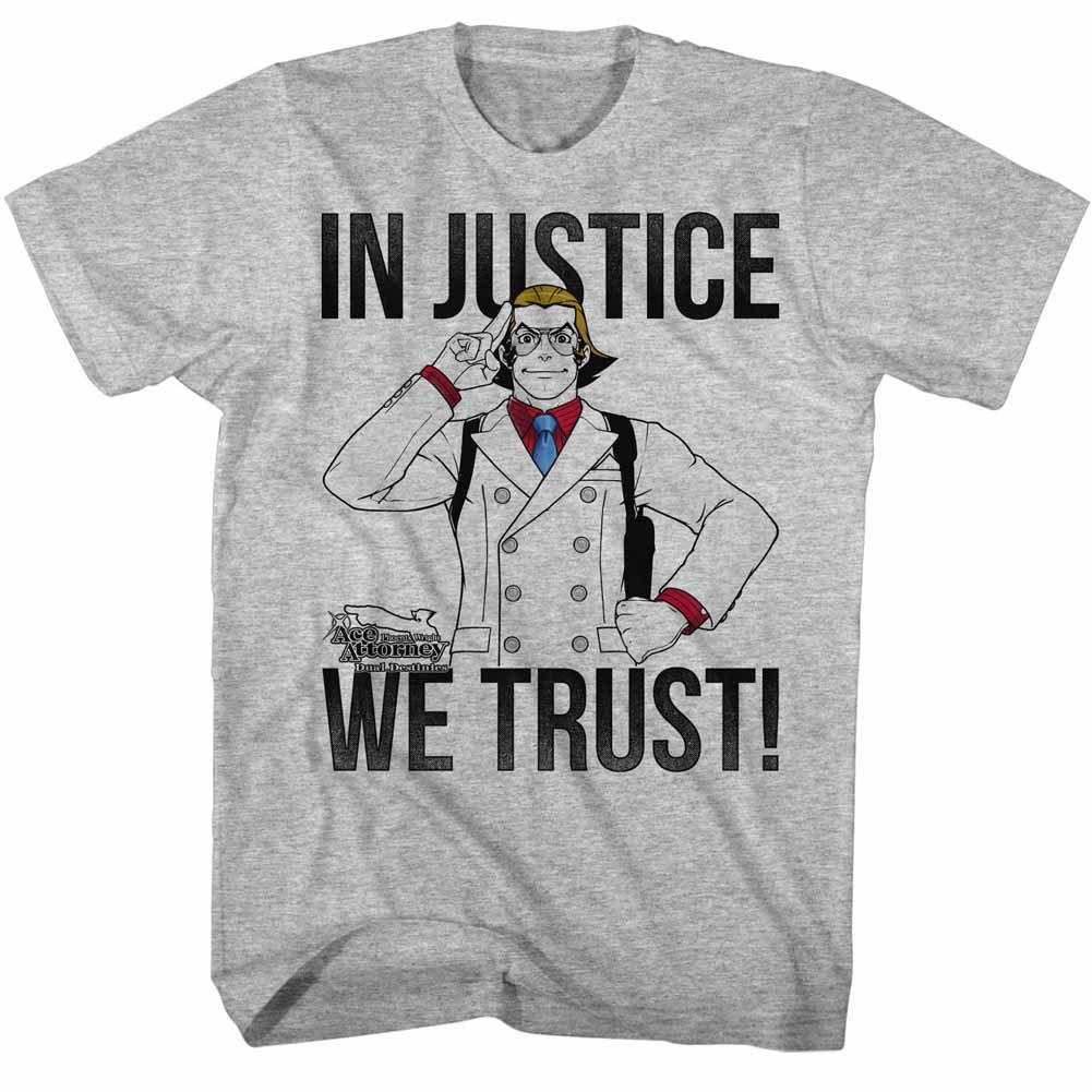 Gray heather Ace Attorney t-shirt featuring Justice-themed graphic typography heather gray