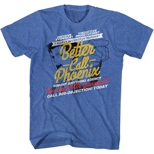 Royal blue heather Ace Attorney t-shirt featuring Better Call Phoenix parody design royal heather