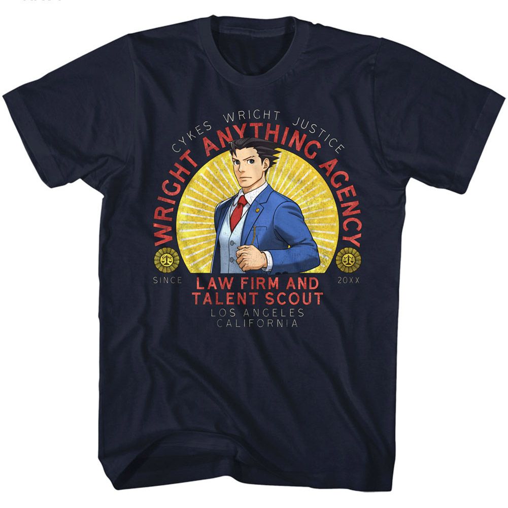 Navy Ace Attorney t-shirt featuring Wright Anything Agency logo design navy