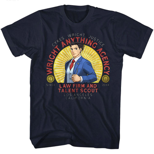 Navy Ace Attorney t-shirt featuring Wright Anything Agency logo design navy