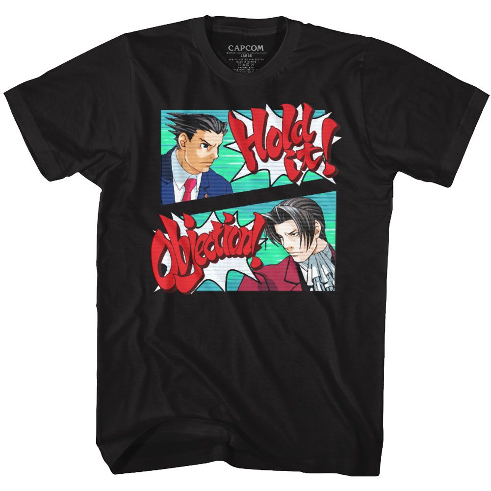Black Ace Attorney t-shirt featuring Hold It Objection mashup courtroom design