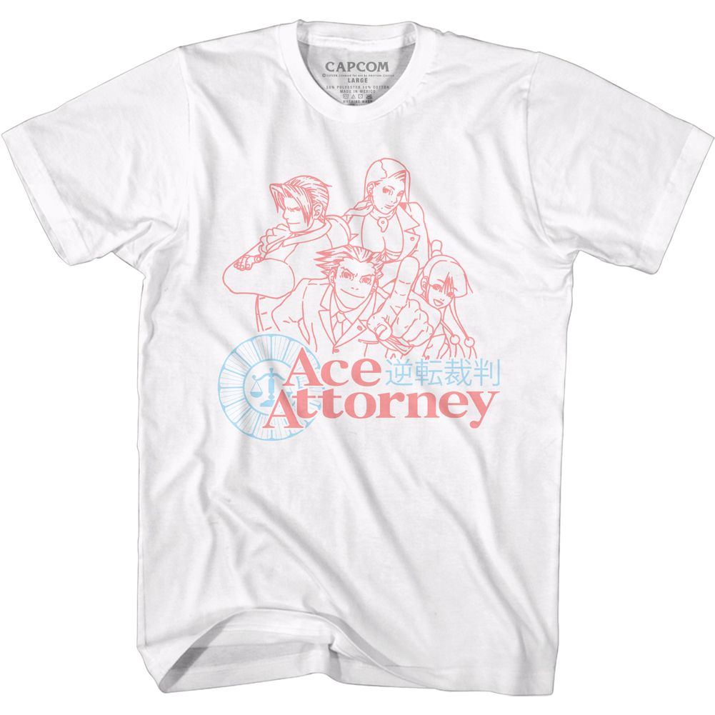White Ace Attorney t-shirt featuring Faded red and blue color block prosecution defense