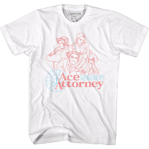 White Ace Attorney t-shirt featuring Faded red and blue color block prosecution defense