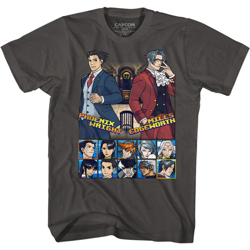 Smoke gray Ace Attorney t-shirt featuring Choose Your Fighter Ace Attorney character select smoke