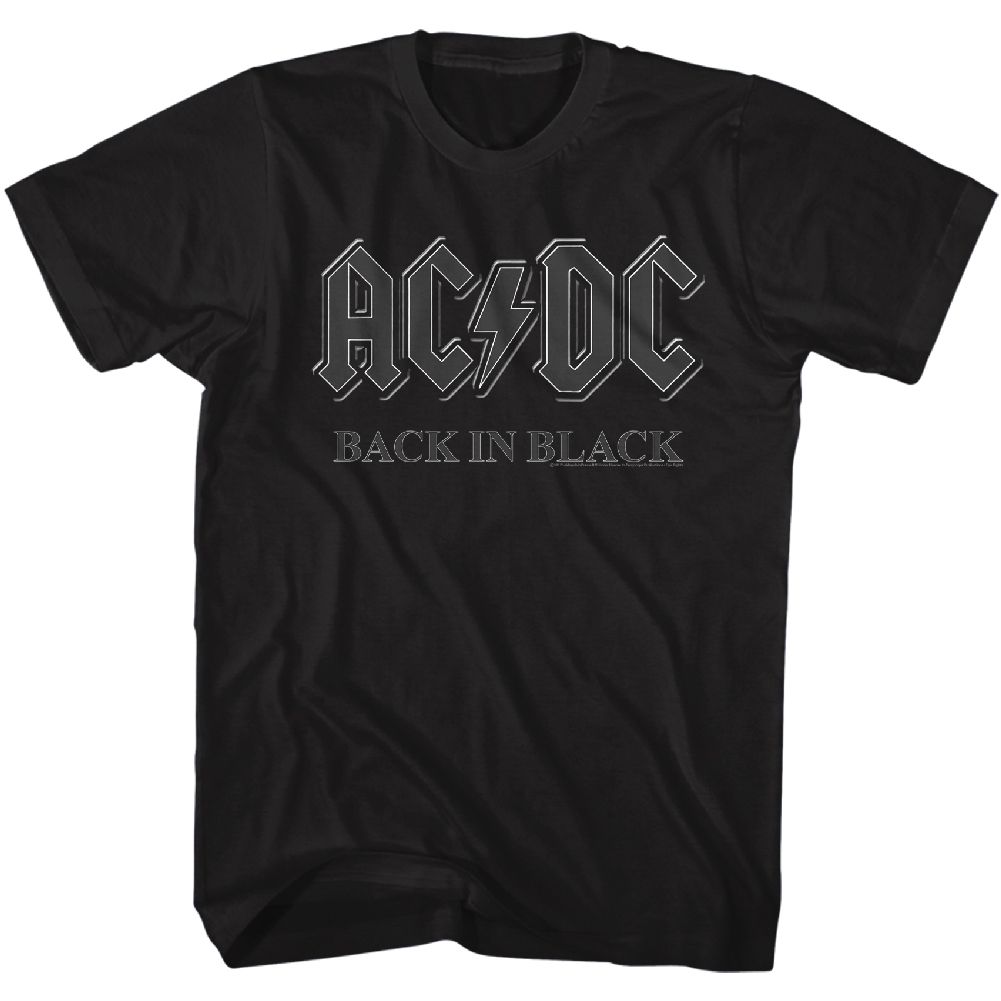 Black AC/DC t-shirt featuring Back in Black album lightning bolt logo design