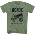 Military green heather AC/DC t-shirt featuring AC/DC For Those About to Rock cannon design