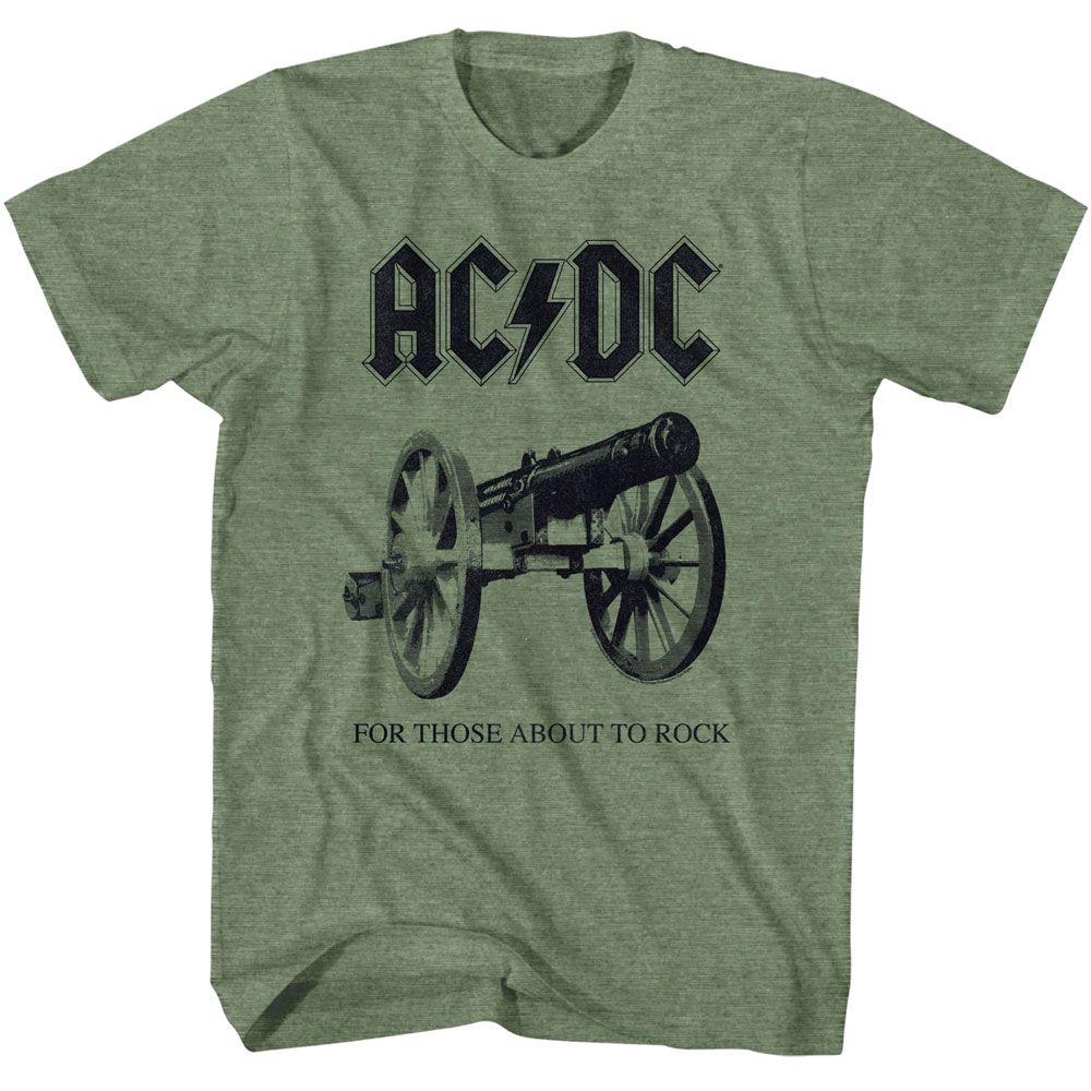 Military green heather AC/DC t-shirt featuring AC/DC For Those About to Rock cannon design
