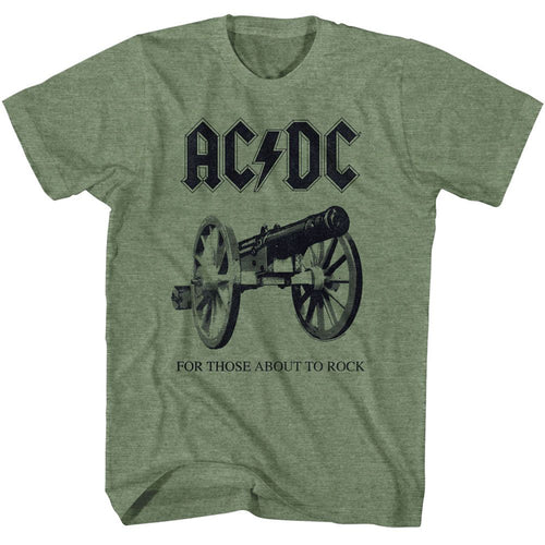 Military green heather AC/DC t-shirt featuring AC/DC For Those About to Rock cannon design