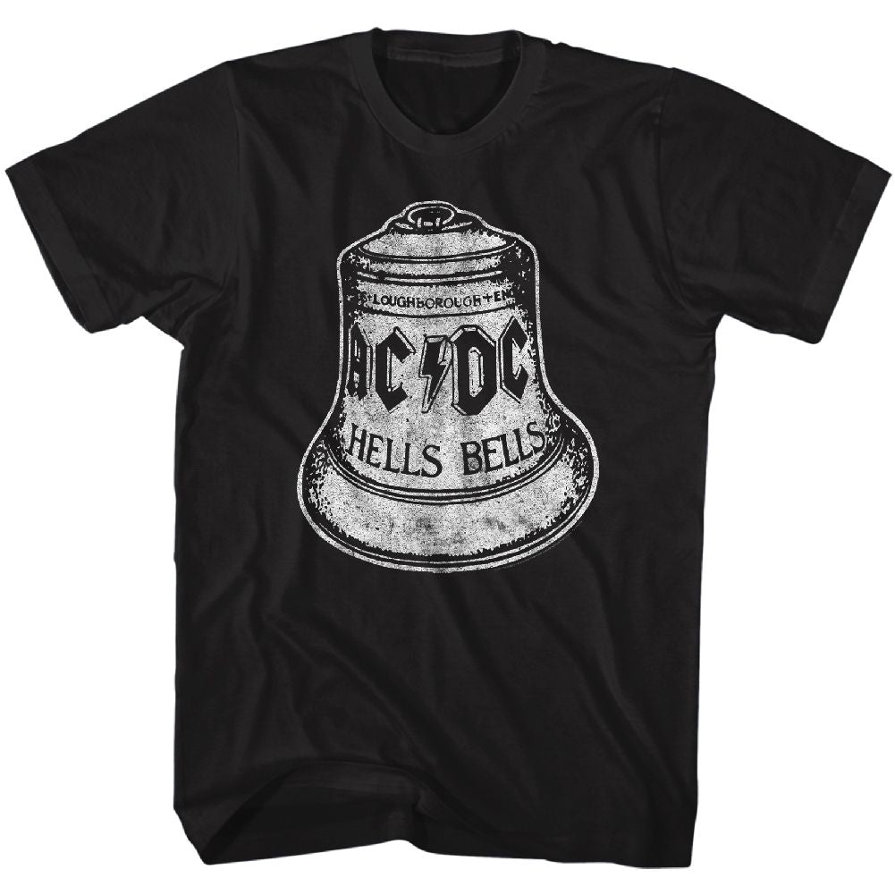 Black AC/DC t-shirt featuring Hells Bells cast iron bell Back in Black design