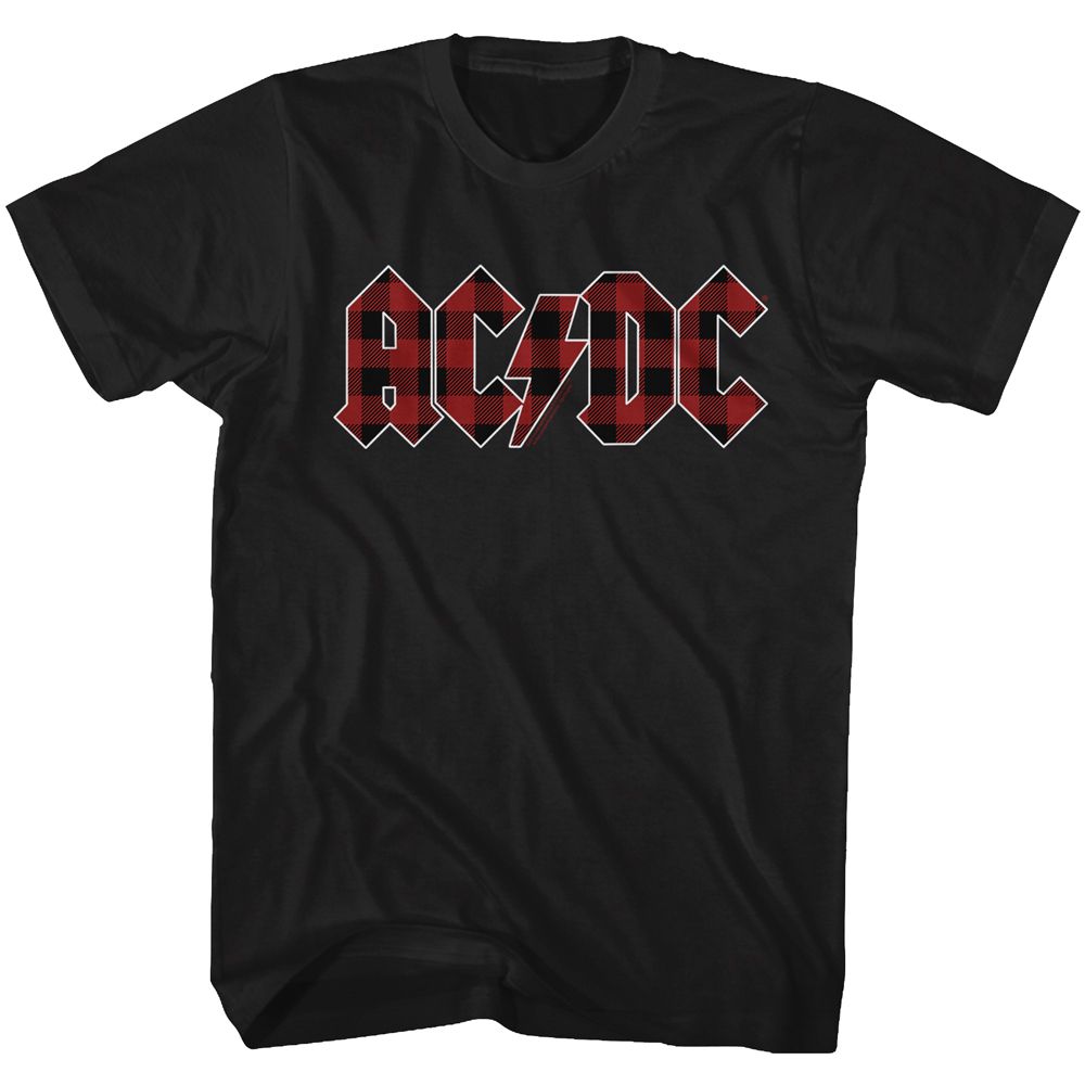 Black AC/DC t-shirt featuring Back in Black plaid pattern variant design