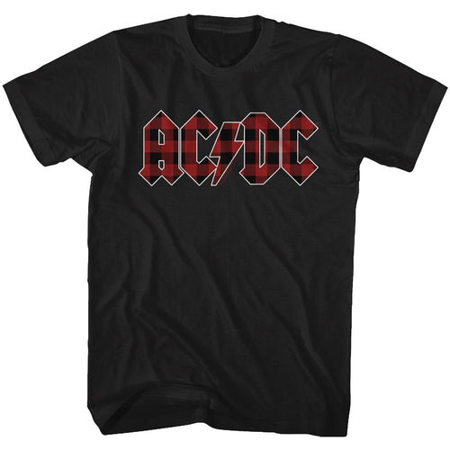Black AC/DC t-shirt featuring Back in Black plaid pattern variant design