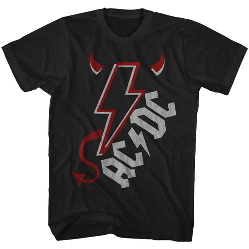 Black AC/DC t-shirt featuring AC/DC devil horns and tall design
