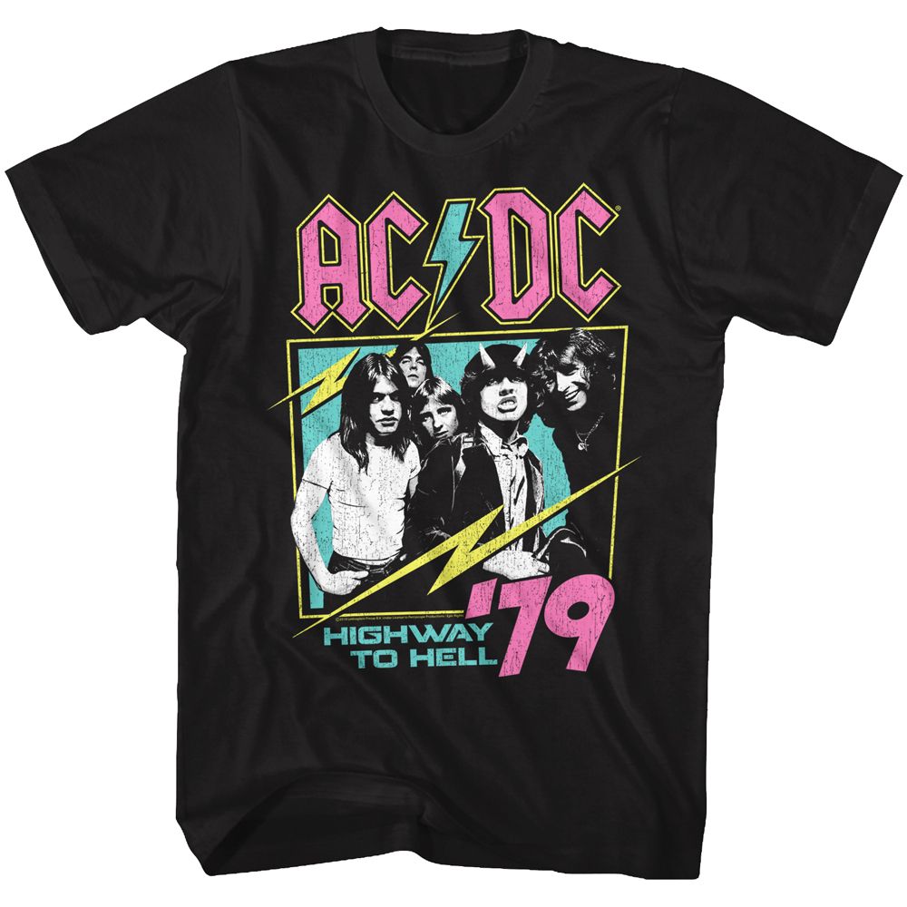 Black AC/DC t-shirt featuring Highway to Hell neon glow color design