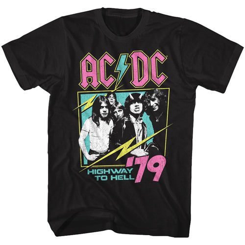 Black AC/DC t-shirt featuring Highway to Hell neon glow color design