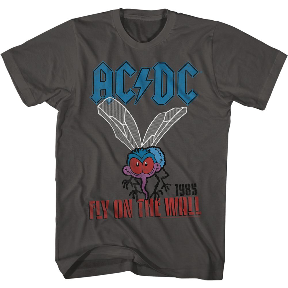 Smoke gray AC/DC t-shirt featuring Fly on the Wall 1985 album design