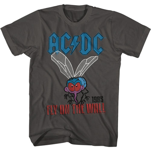 Smoke gray AC/DC t-shirt featuring Fly on the Wall 1985 album design