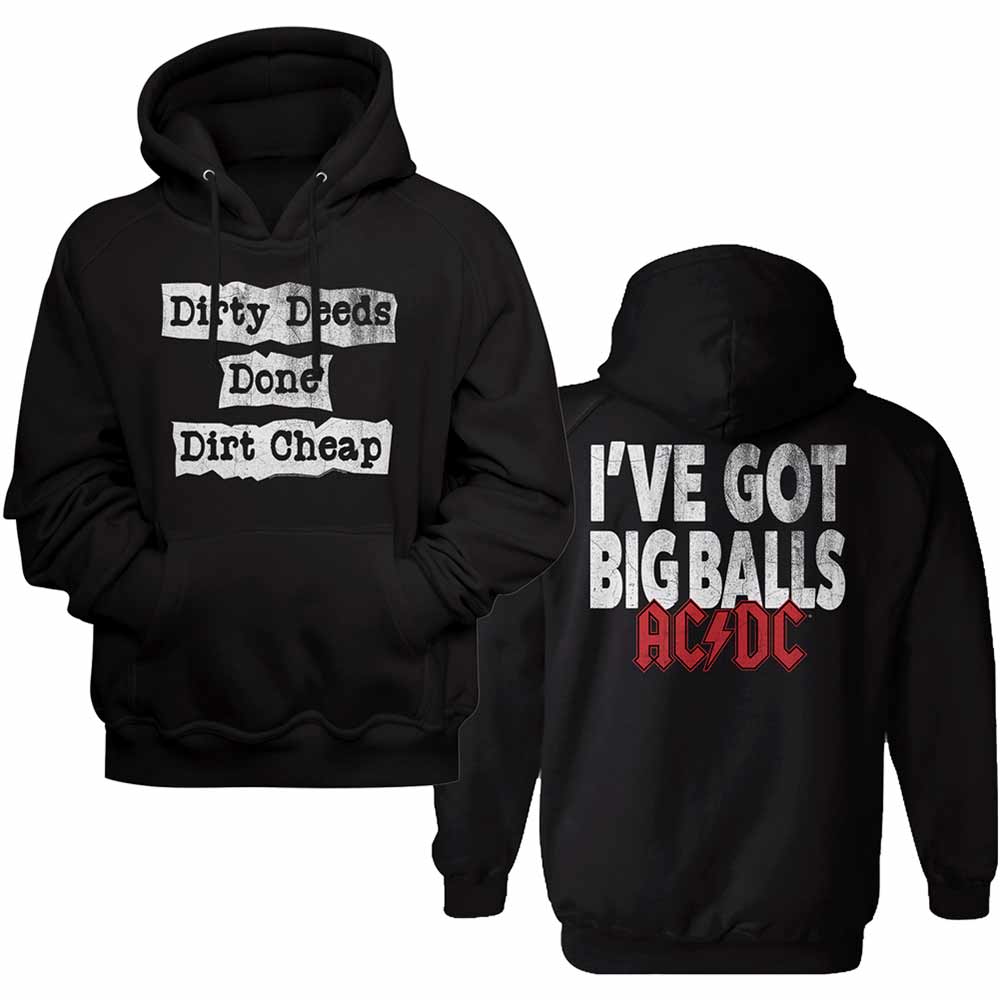 Black AC/DC pullover hoodie featuring a Dirty Deeds Done Dirt Cheap design