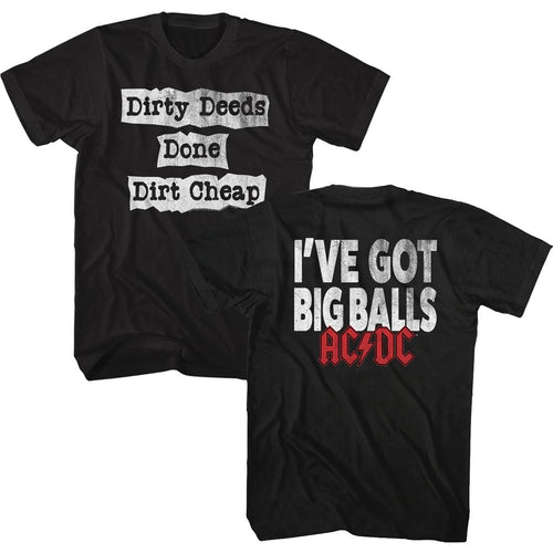 Black AC/DC t-shirt featuring Dirty Deeds Done Dirt Cheap shortened title design