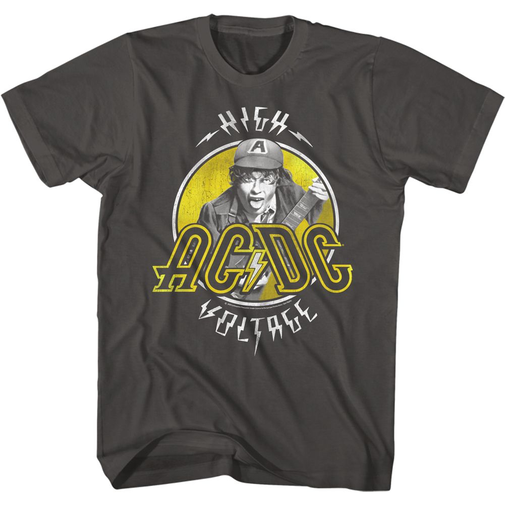 Smoke gray AC/DC t-shirt featuring Two-tone High Voltage album design