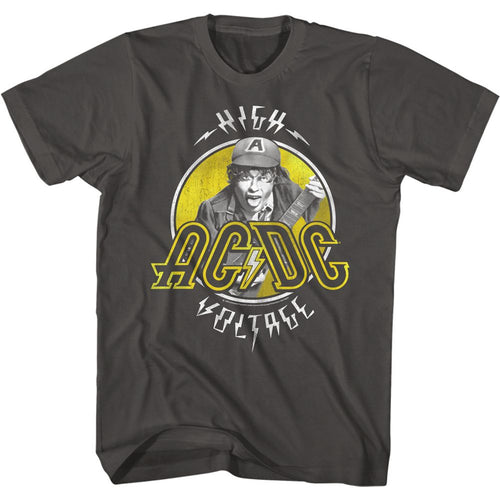 Smoke gray AC/DC t-shirt featuring Two-tone High Voltage album design